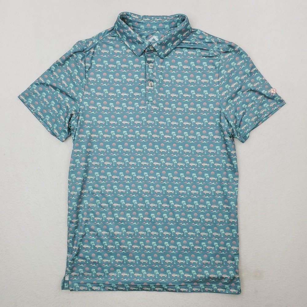 Burlebo Polo Shirt Mens Small Blue Beach Jeep Palm Tree Golf Print Stretch